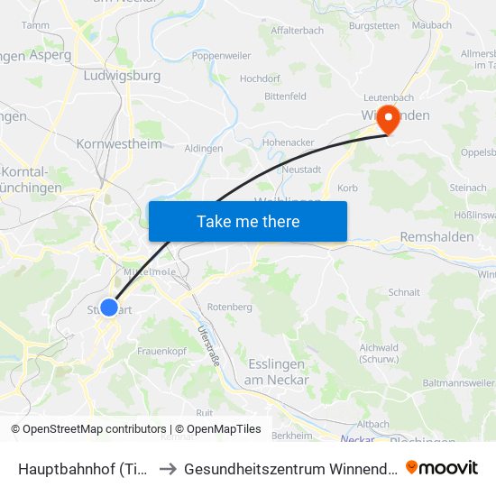 Hauptbahnhof (Tief) to Gesundheitszentrum Winnenden map