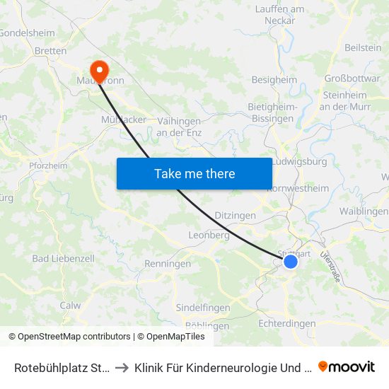 Rotebühlplatz Stadtmitte to Klinik Für Kinderneurologie Und Sozialpädiatrie map