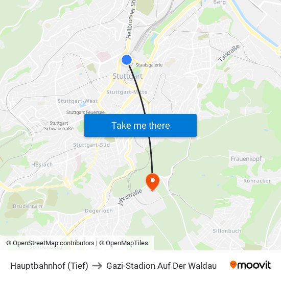 Hauptbahnhof (Tief) to Gazi-Stadion Auf Der Waldau map