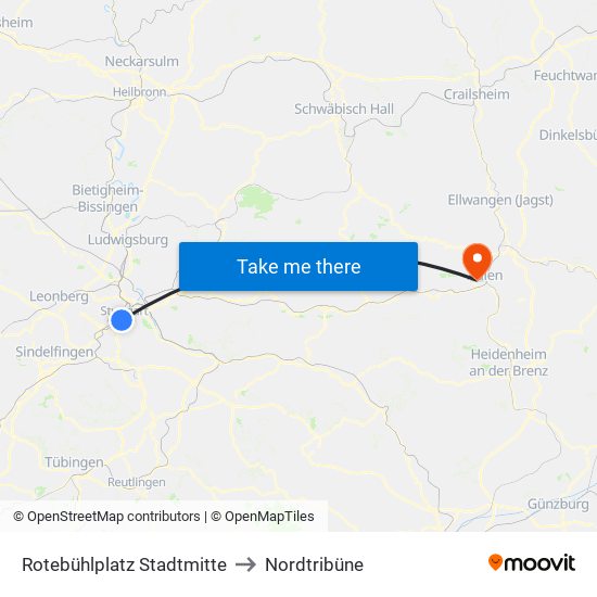 Rotebühlplatz Stadtmitte to Nordtribüne map