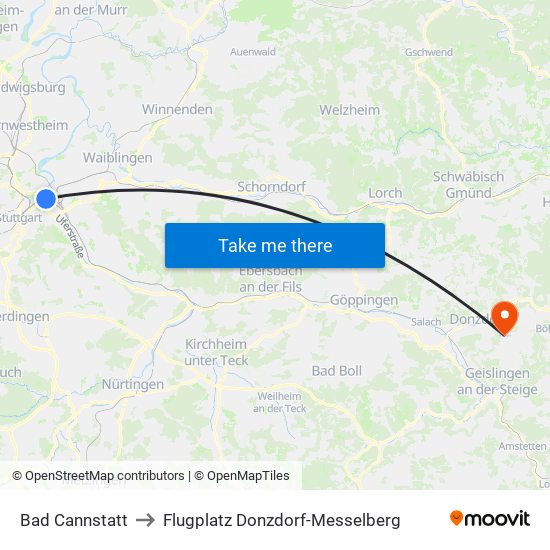 Bad Cannstatt to Flugplatz Donzdorf-Messelberg map