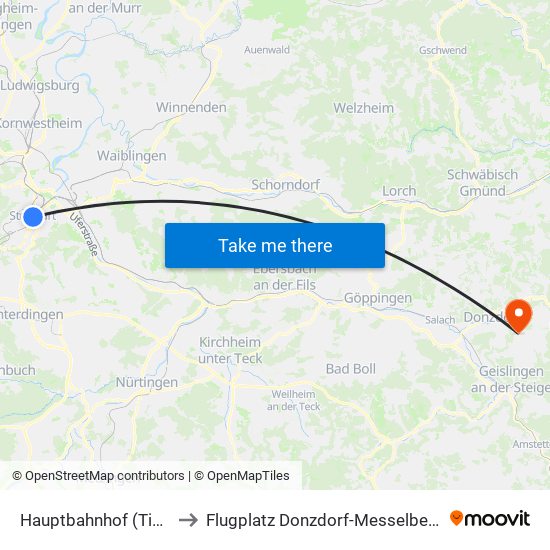 Hauptbahnhof (Tief) to Flugplatz Donzdorf-Messelberg map