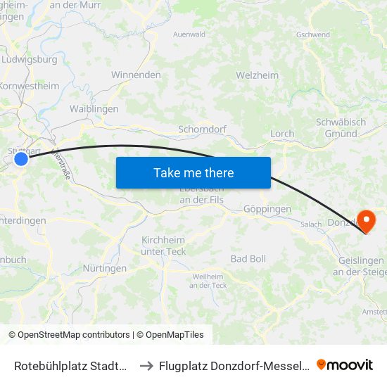 Rotebühlplatz Stadtmitte to Flugplatz Donzdorf-Messelberg map