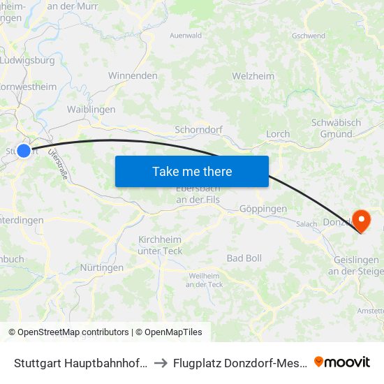 Stuttgart Hauptbahnhof (Oben) to Flugplatz Donzdorf-Messelberg map