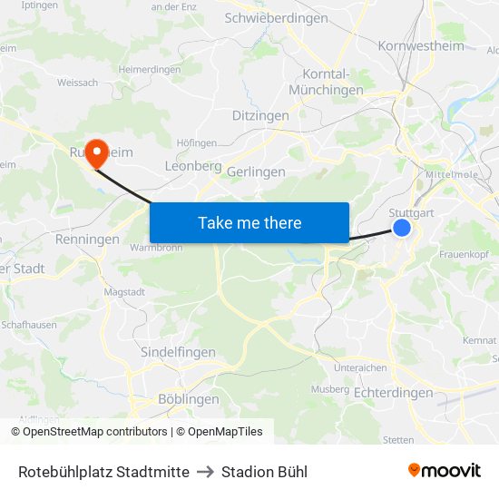 Rotebühlplatz Stadtmitte to Stadion Bühl map