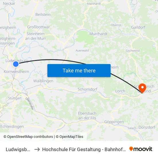 Ludwigsburg to Hochschule Für Gestaltung - Bahnhofplatz map