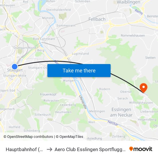 Hauptbahnhof (Tief) to Aero Club Esslingen Sportfluggelände map
