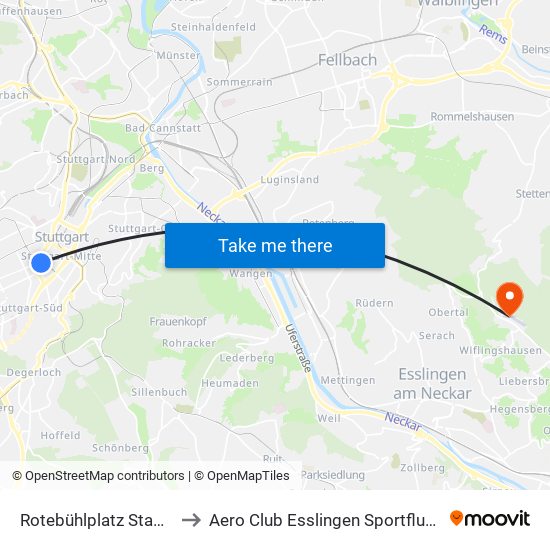 Rotebühlplatz Stadtmitte to Aero Club Esslingen Sportfluggelände map