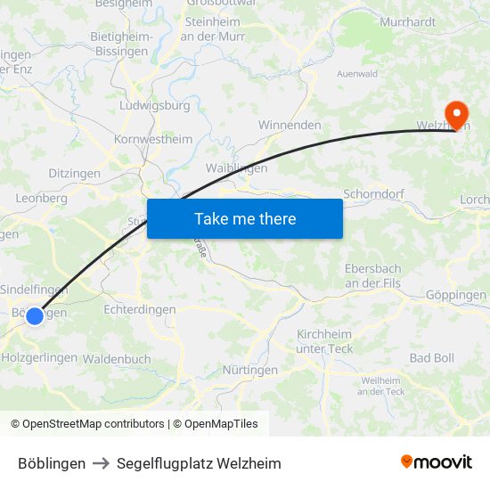 Böblingen to Segelflugplatz Welzheim map