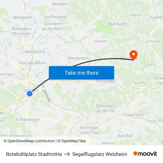 Rotebühlplatz Stadtmitte to Segelflugplatz Welzheim map
