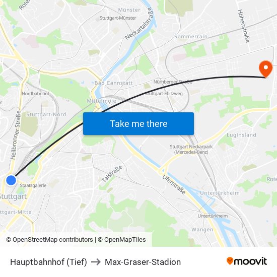 Hauptbahnhof (Tief) to Max-Graser-Stadion map