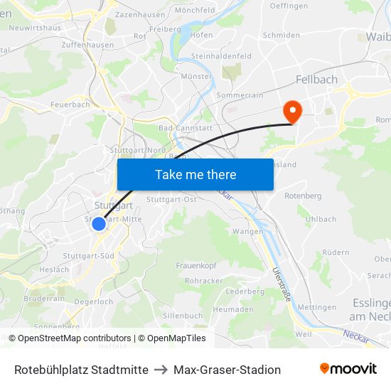 Rotebühlplatz Stadtmitte to Max-Graser-Stadion map