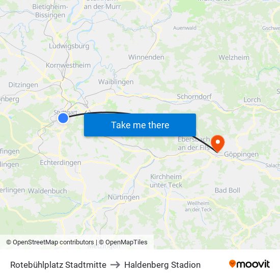 Rotebühlplatz Stadtmitte to Haldenberg Stadion map