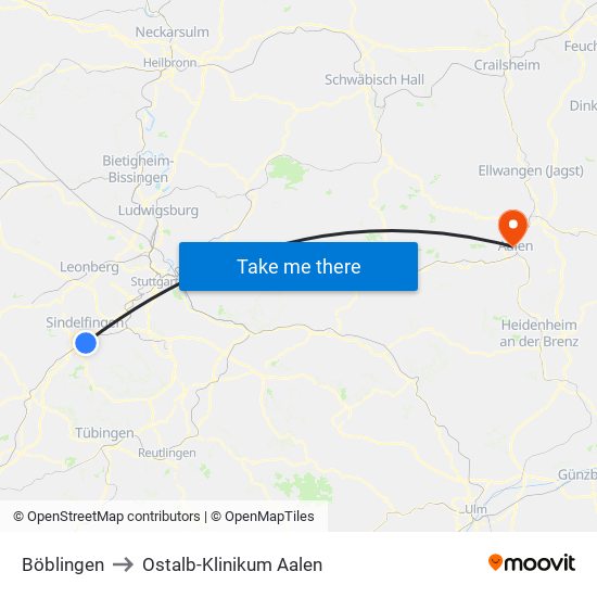 Böblingen to Ostalb-Klinikum Aalen map