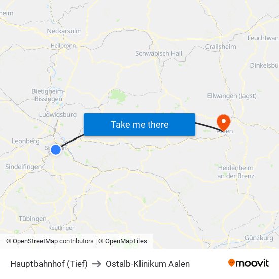 Hauptbahnhof (Tief) to Ostalb-Klinikum Aalen map