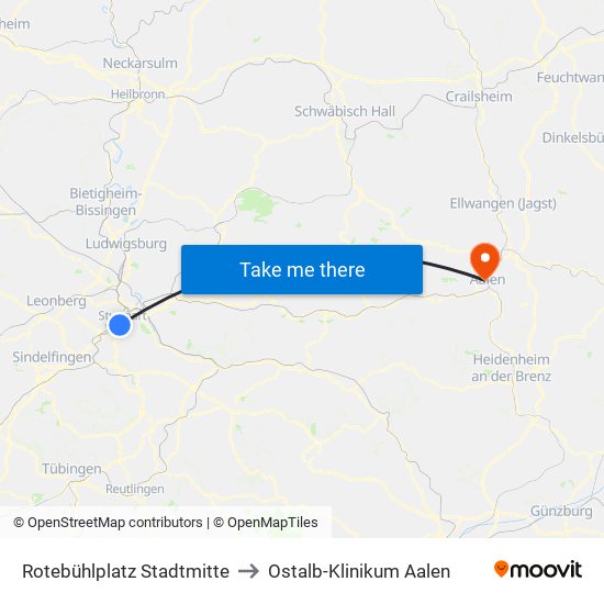 Rotebühlplatz Stadtmitte to Ostalb-Klinikum Aalen map