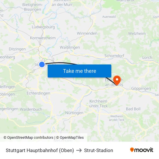 Stuttgart Hauptbahnhof (Oben) to Strut-Stadion map