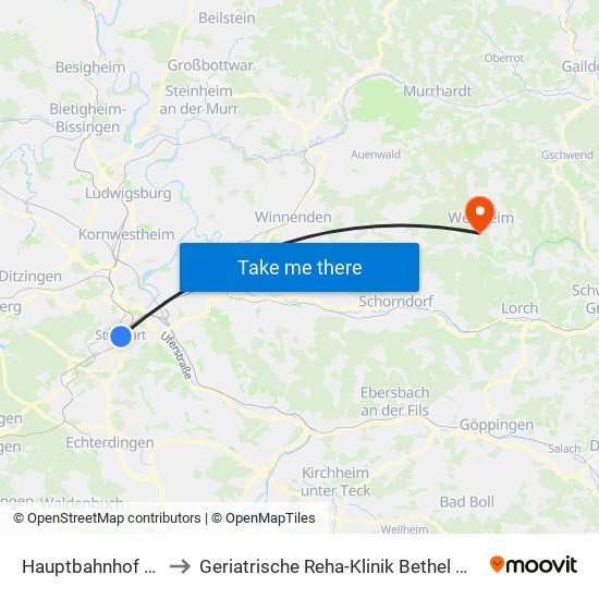 Hauptbahnhof (Tief) to Geriatrische Reha-Klinik Bethel Welzheim map