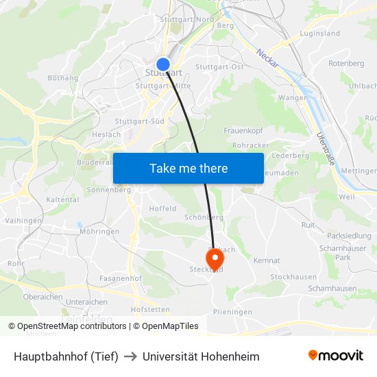 Hauptbahnhof (Tief) to Universität Hohenheim map