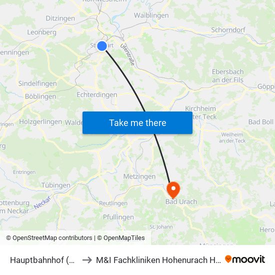 Hauptbahnhof (Tief) to M&I Fachkliniken Hohenurach Haus 2 map