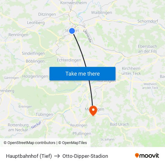 Hauptbahnhof (Tief) to Otto-Dipper-Stadion map