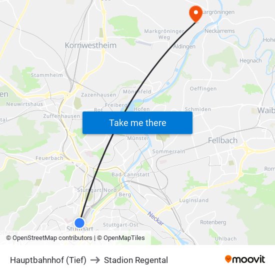 Hauptbahnhof (Tief) to Stadion Regental map