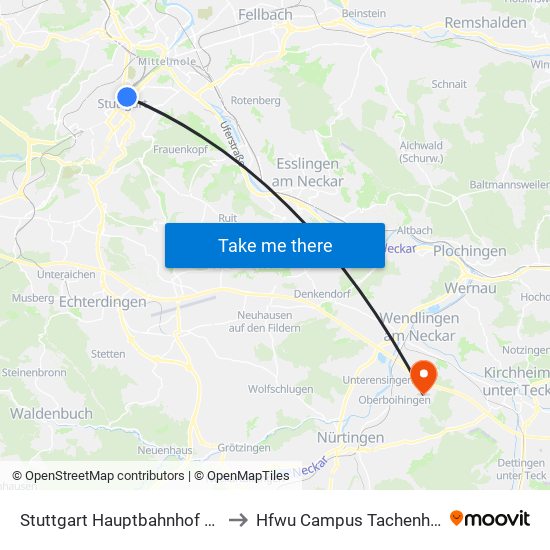 Stuttgart Hauptbahnhof (Oben) to Hfwu Campus Tachenhausen map