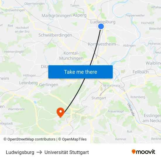 Ludwigsburg to Universität Stuttgart map