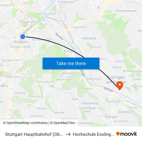 Stuttgart Hauptbahnhof (Oben) to Hochschule Esslingen map