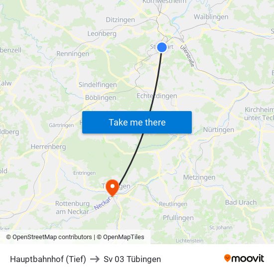 Hauptbahnhof (Tief) to Sv 03 Tübingen map