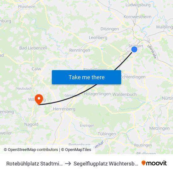 Rotebühlplatz Stadtmitte to Segelflugplatz Wächtersberg map