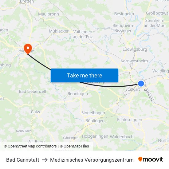 Bad Cannstatt to Medizinisches Versorgungszentrum map