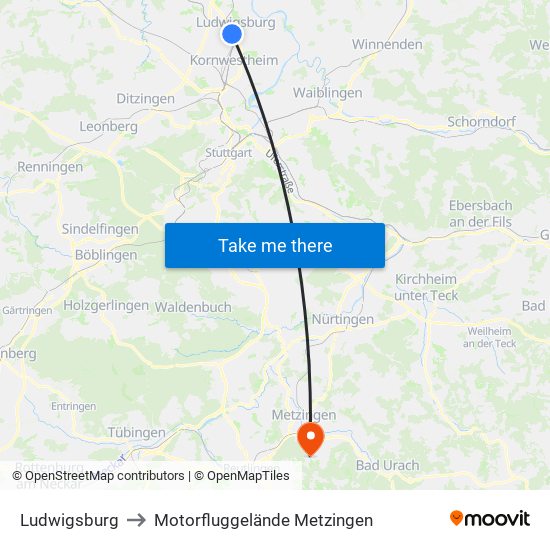 Ludwigsburg to Motorfluggelände Metzingen map