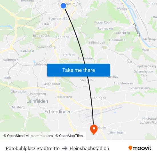 Rotebühlplatz Stadtmitte to Fleinsbachstadion map