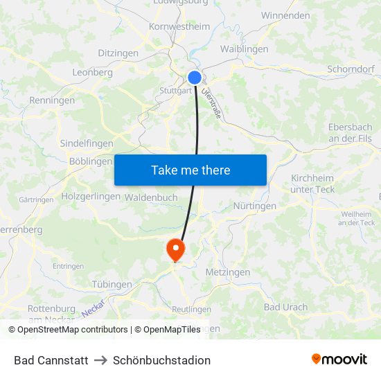 Bad Cannstatt to Schönbuchstadion map