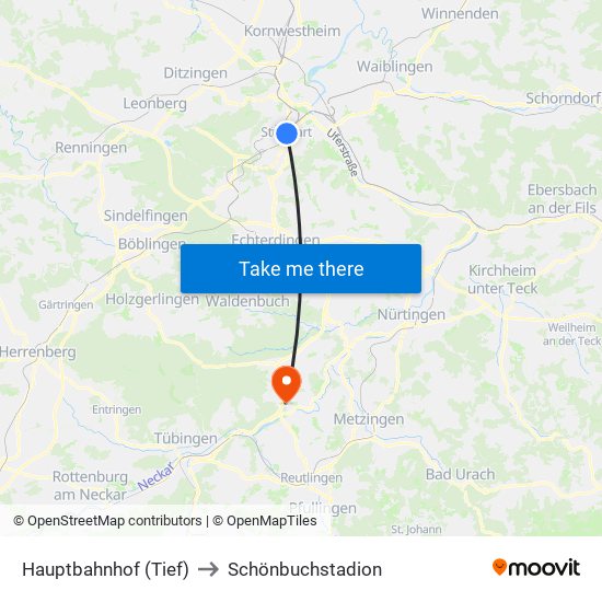 Hauptbahnhof (Tief) to Schönbuchstadion map
