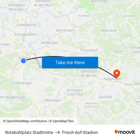 Rotebühlplatz Stadtmitte to Frisch-Auf-Stadion map
