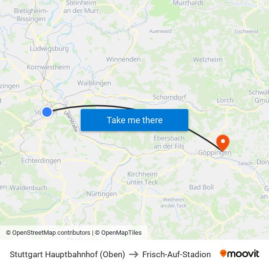 Stuttgart Hauptbahnhof (Oben) to Frisch-Auf-Stadion map