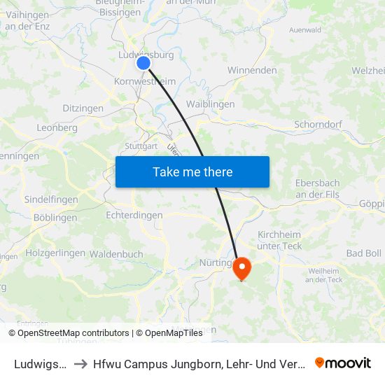 Ludwigsburg to Hfwu Campus Jungborn, Lehr- Und Versuchsbetrieb map