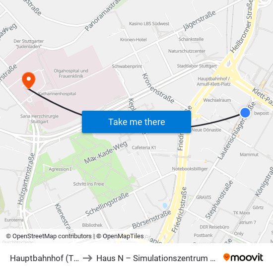 Hauptbahnhof (Tief) to Haus N – Simulationszentrum Stups map