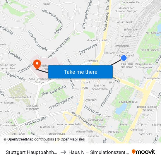 Stuttgart Hauptbahnhof (Oben) to Haus N – Simulationszentrum Stups map