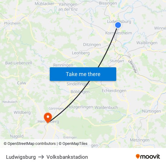 Ludwigsburg to Volksbankstadion map