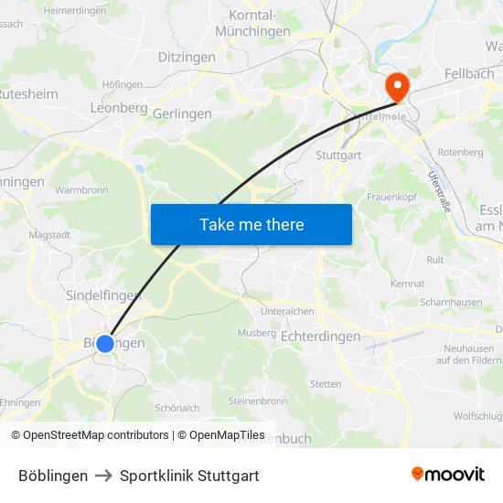 Böblingen to Sportklinik Stuttgart map