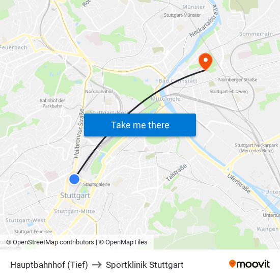 Hauptbahnhof (Tief) to Sportklinik Stuttgart map