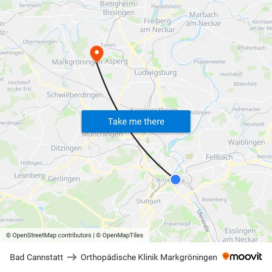 Bad Cannstatt to Orthopädische Klinik Markgröningen map