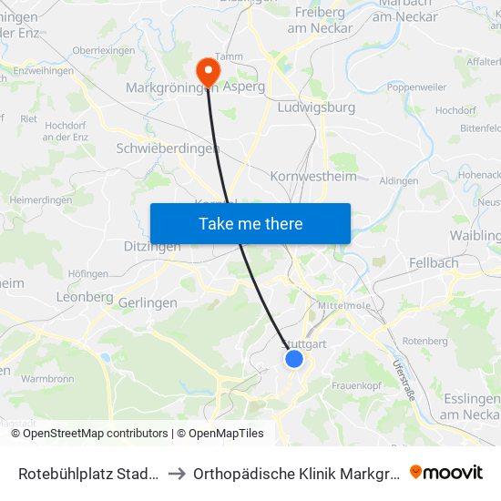 Rotebühlplatz Stadtmitte to Orthopädische Klinik Markgröningen map