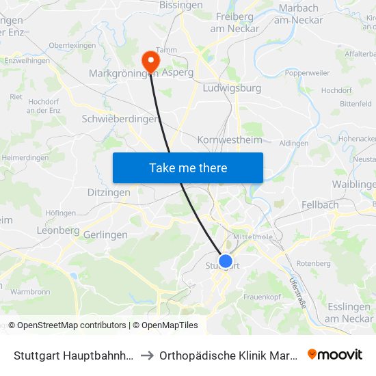 Stuttgart Hauptbahnhof (Oben) to Orthopädische Klinik Markgröningen map