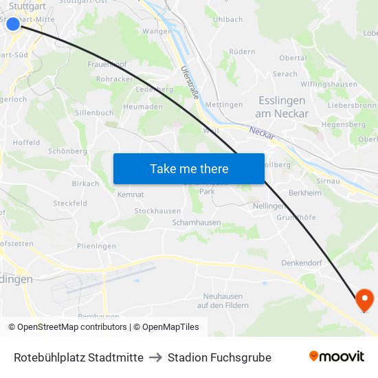 Rotebühlplatz Stadtmitte to Stadion Fuchsgrube map