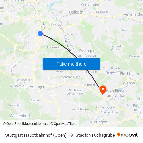 Stuttgart Hauptbahnhof (Oben) to Stadion Fuchsgrube map