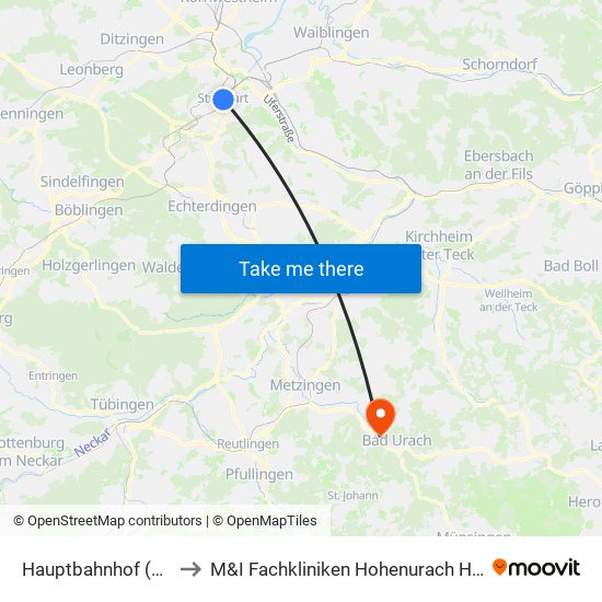 Hauptbahnhof (Tief) to M&I Fachkliniken Hohenurach Haus 1 map